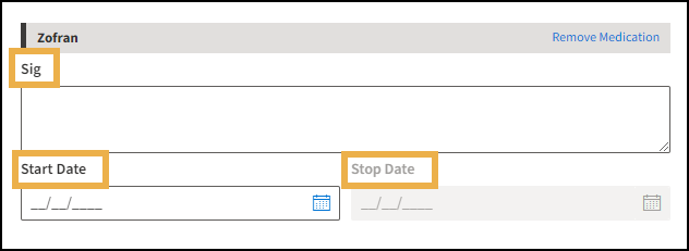 Add medications window with yellow highlight boxes around the Sig, Start, and End Dates.